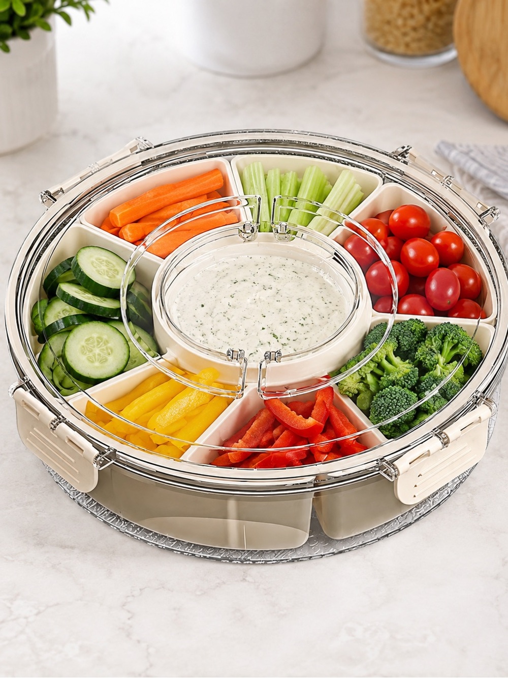 6-Compartment Rotating Snack & Veggie Tray w/ Lid + Gold Spoon